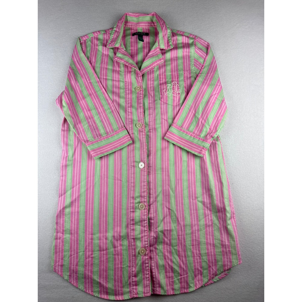 Lauren Ralph Lauren Pink Green Striped  Button Front Sleep Shirt M Sleepwear